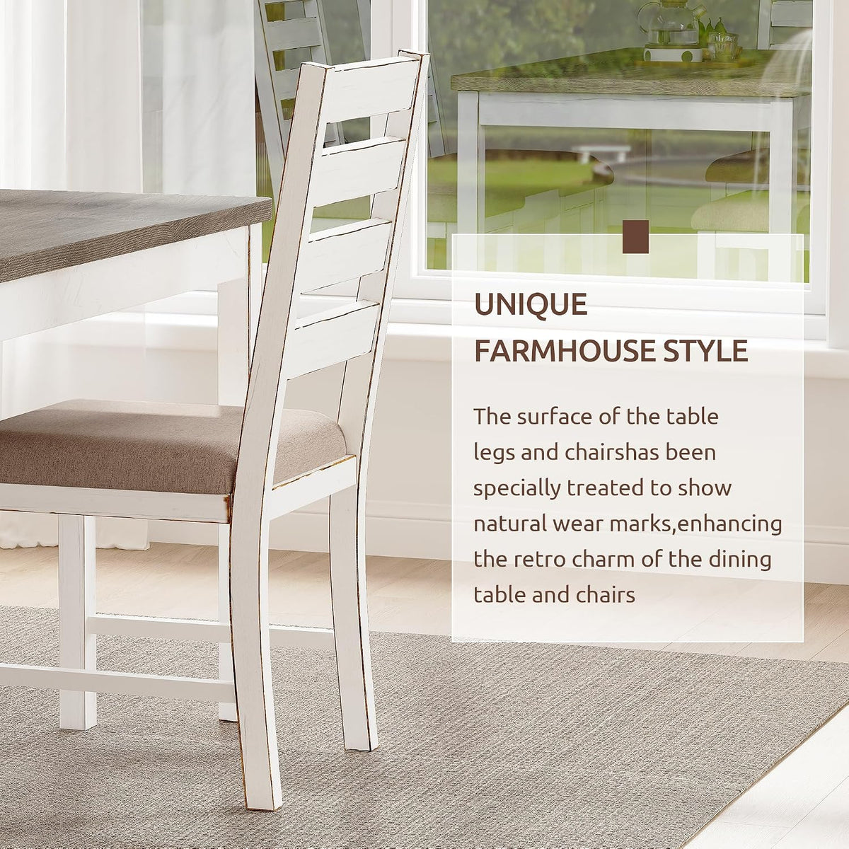 59" Farmhouse Dining Table Set for 6, White Rectangular Wood Table with Upholstered Chairs & Bench for Kitchen or Dining Room (2chiars&2bench)