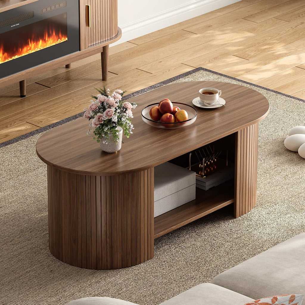 42" Oval Fluted Coffee Table, 2-Tier Center Table with Large Storage, Mid-Century Modern Wood Coffee Table for Living Room, Home Office, Small Space, Walnut