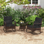 Tangkula 3 Pieces Rocking Bistro Set, Patiojoy Outdoor PE Rattan Rocker Chairs with Removable Cushions & Tempered Glass Top Coffee Table, Outdoor Wicker Furniture Set for Porch, Garden (Black)