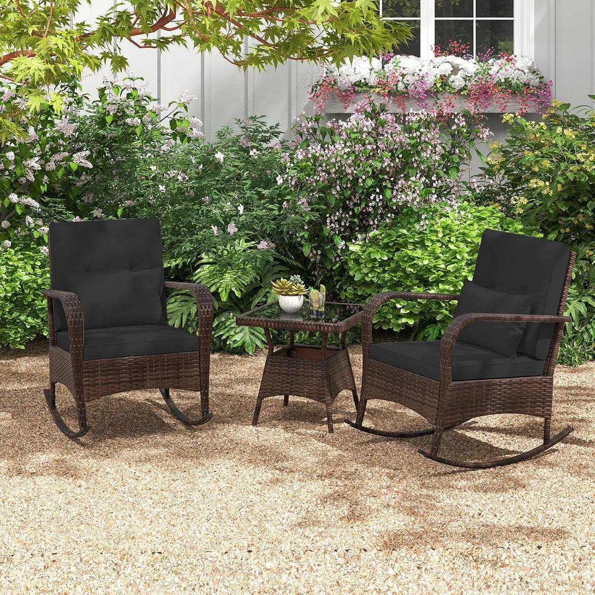 Tangkula 3 Pieces Rocking Bistro Set, Patiojoy Outdoor PE Rattan Rocker Chairs with Removable Cushions & Tempered Glass Top Coffee Table, Outdoor Wicker Furniture Set for Porch, Garden (Black)