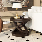 Retro Round Wooden End Table, Sofa Side Table with X-Shape Base for Living Room