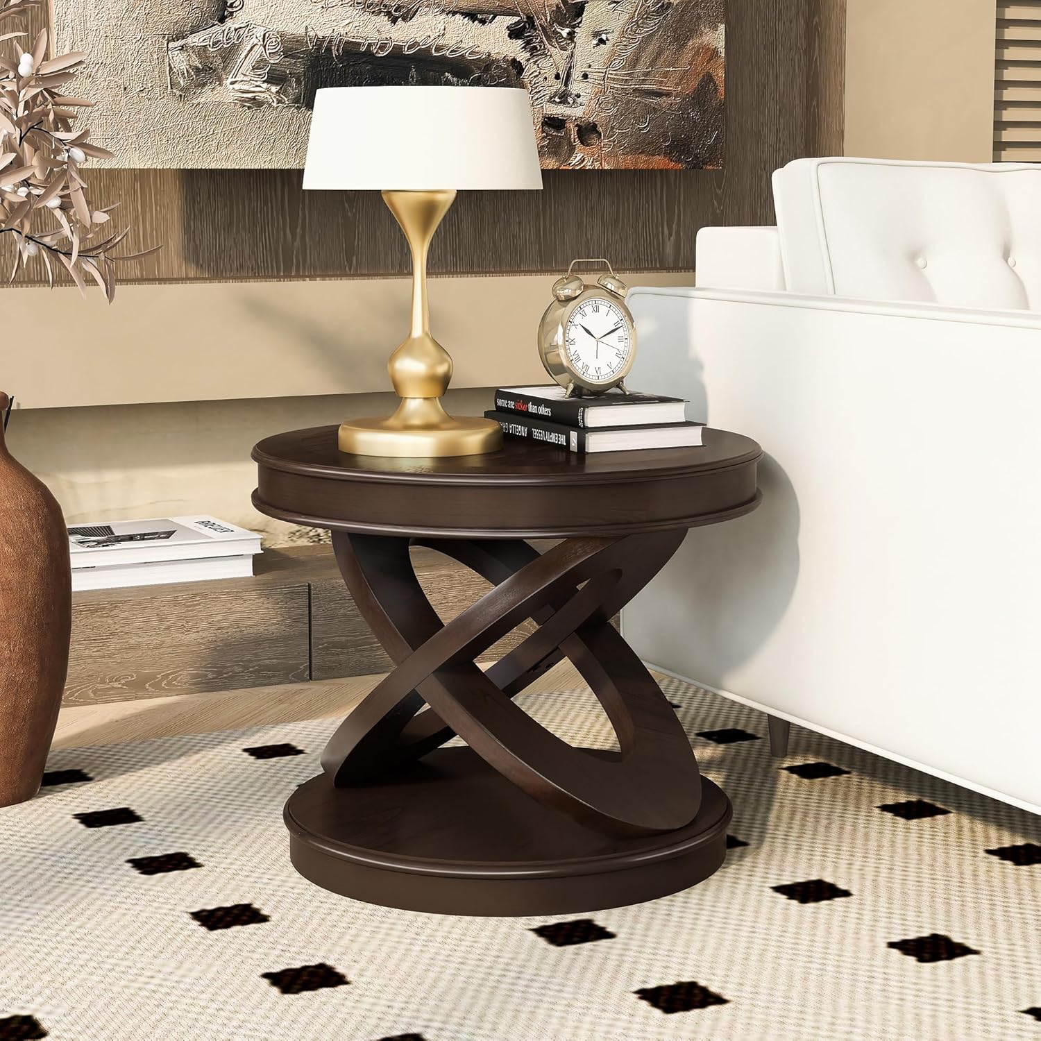 Retro Round Wooden End Table, Sofa Side Table with X-Shape Base for Living Room