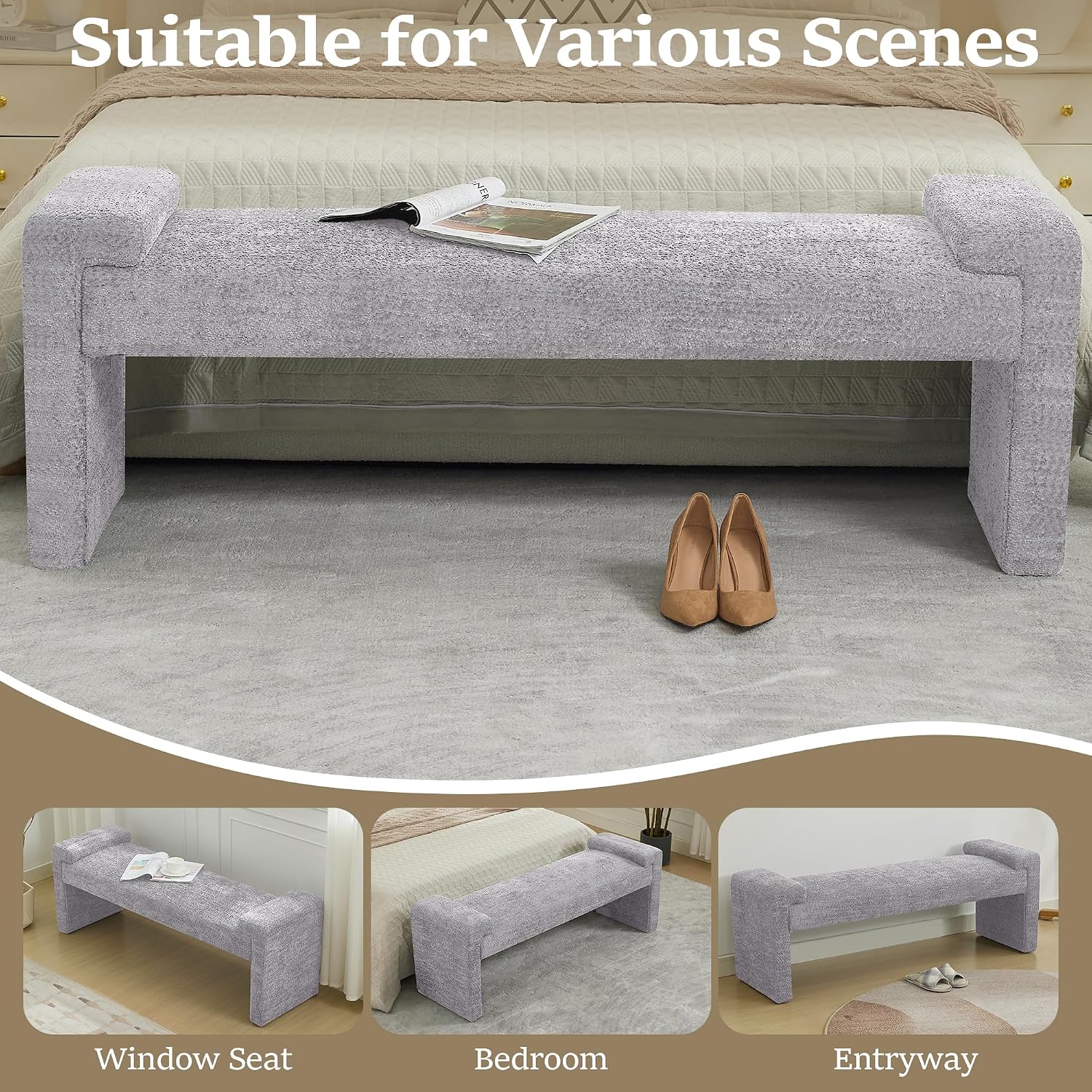 WUTUTUEE 58.7" End of Bed Bench Upholstered Modern Bedroom Bench for Living Room & Entryway, Easy Assembly, Footrest Ottoman Accent Window Bench with Solid Wood Frame & Curved Arm, Grey
