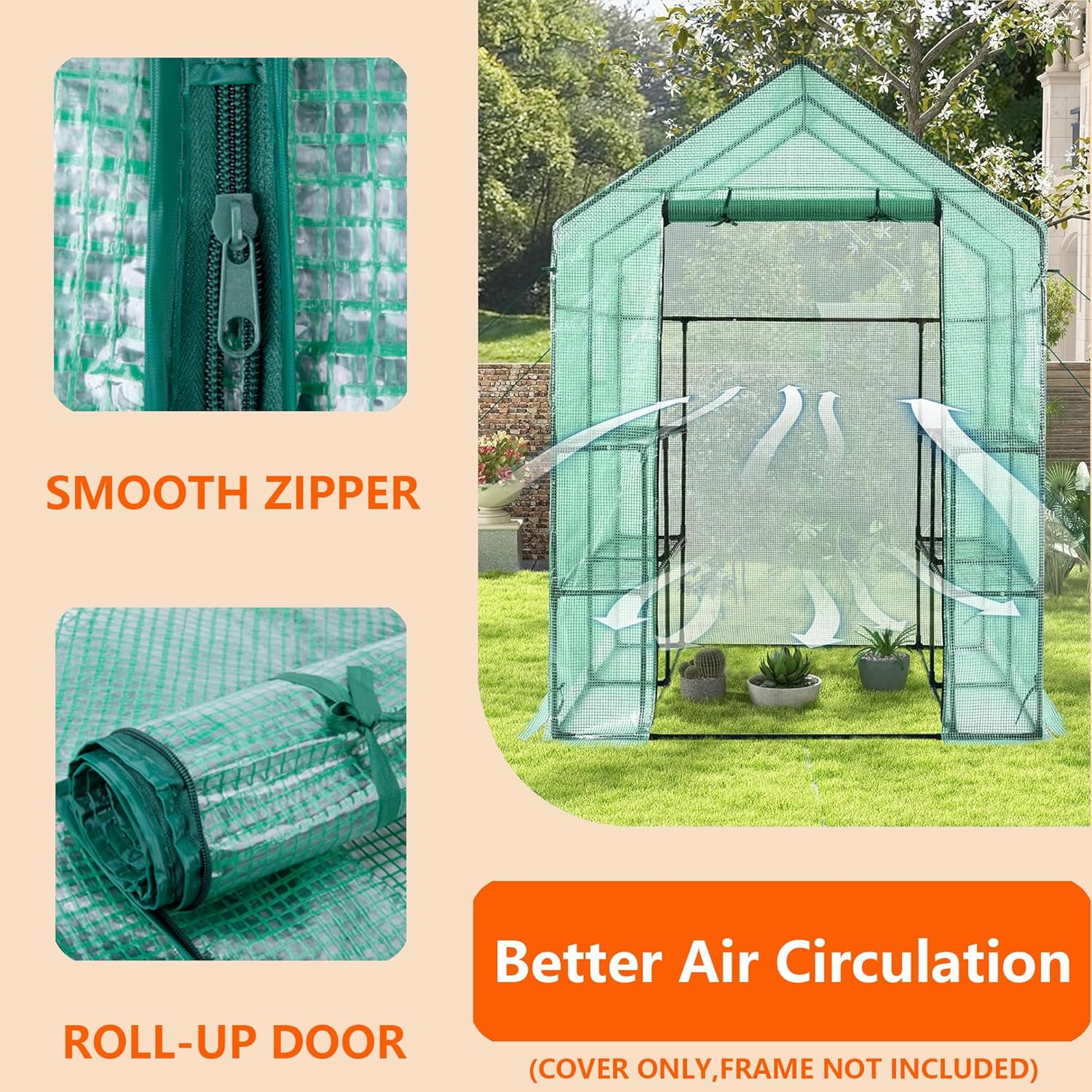Greenhouse Replacement Cover, 56×56×76 Inch PE Walk-in Greenhouse Cover for Gardening Plants w/Roll-Up Zipper Door, Waterproof Frost Protection Wind Rain Proof, Easy Assembly (No Frames Include)