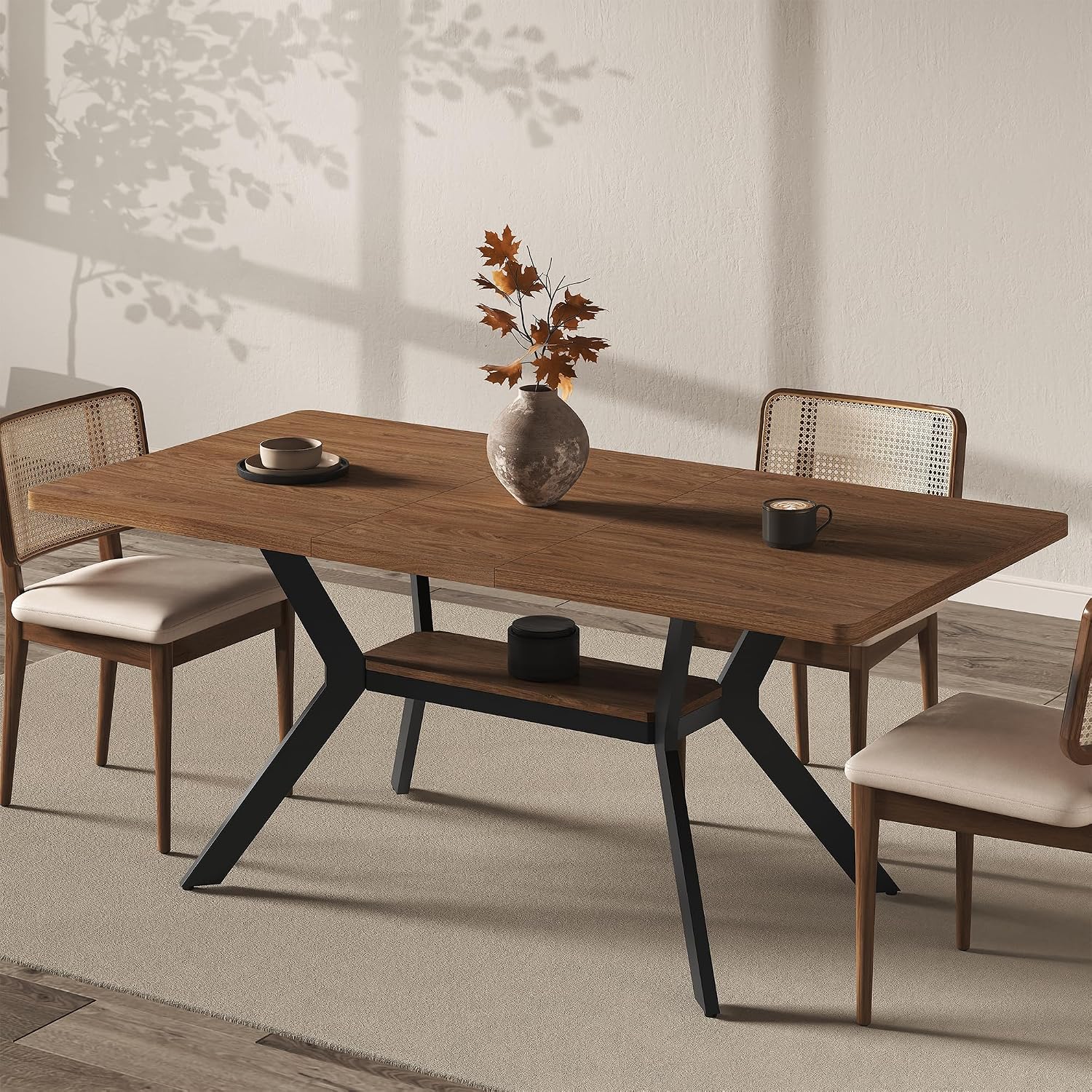 MECHYIN 55"-71" Extendable Dining Table for 4-8 with Built-in Flip Leaf | Kitchen Table, Space Saving Modern Design with Storage Shelf & Sturdy Metal Legs for Kitchen,Living Room & Small Apartments