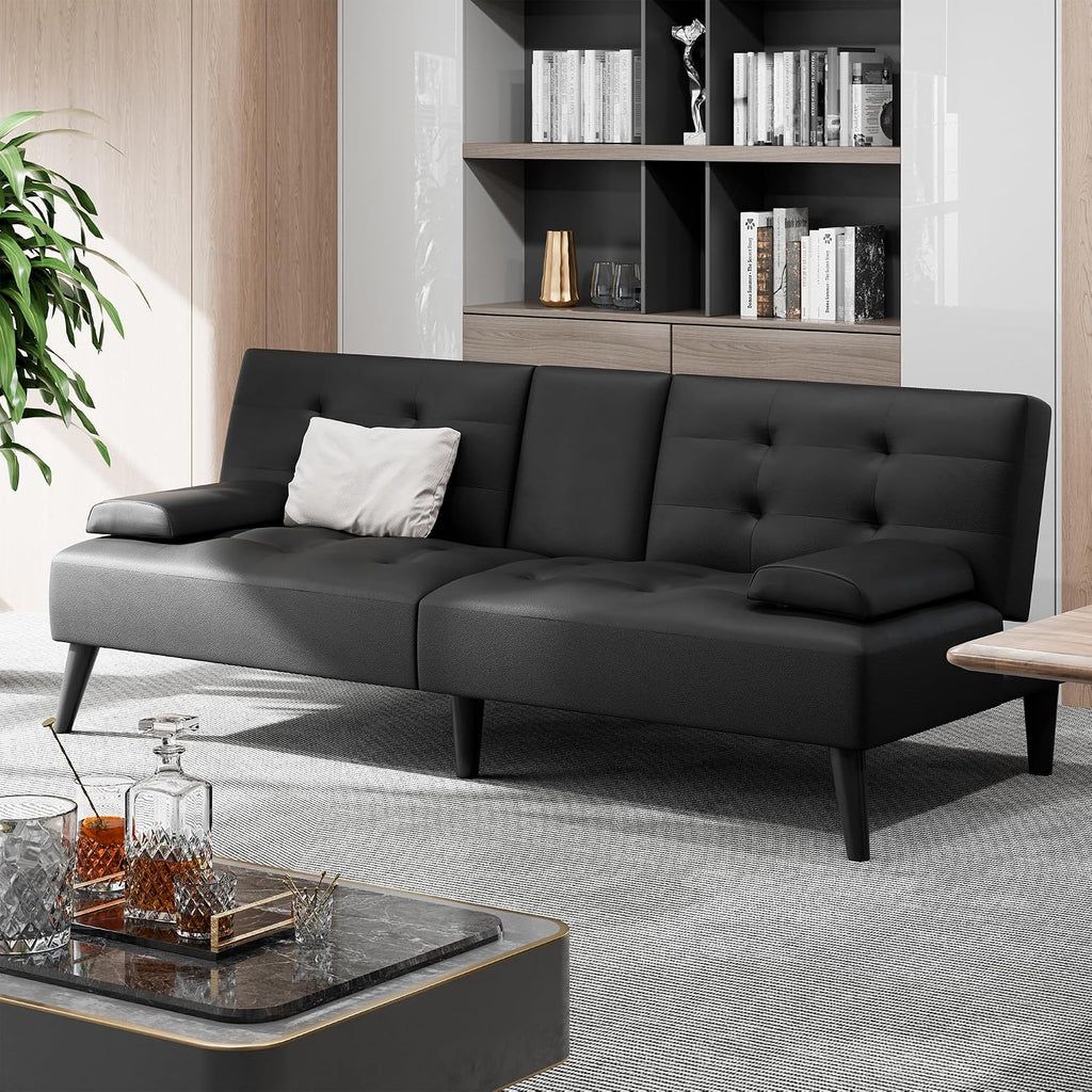 Shintenchi 64" Futon Sofa Bed, Leather Foldable Couch, Upholstered Loveseat Sofa Couch with Folding Cup Holders, Reclining Sleeper with Removable Armrests for Home, Office, Black