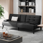 Shintenchi 64" Futon Sofa Bed, Leather Foldable Couch, Upholstered Loveseat Sofa Couch with Folding Cup Holders, Reclining Sleeper with Removable Armrests for Home, Office, Black