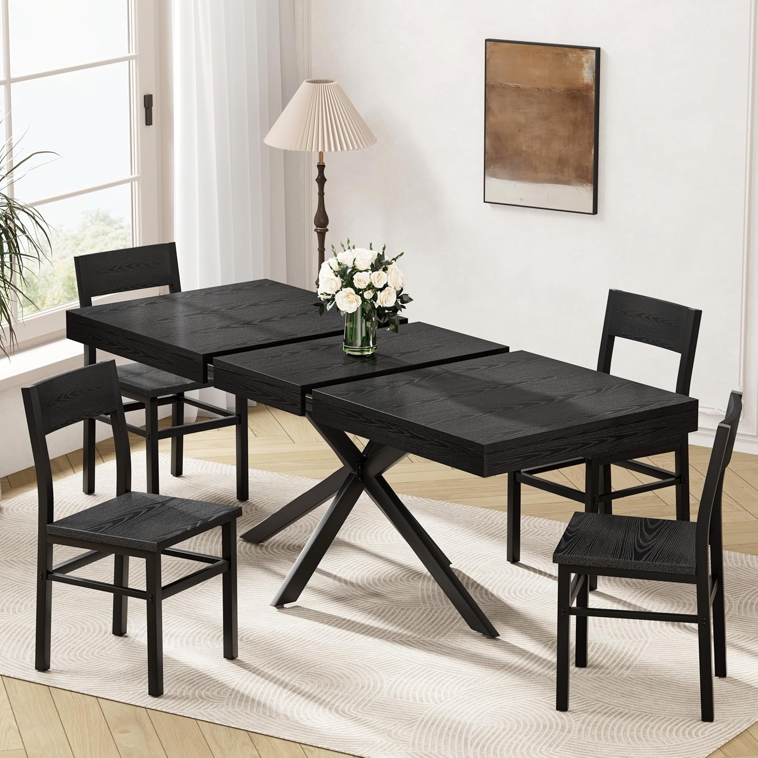 Extendable Dining Table for 4 6 8, 55"-70.9" Black Kitchen Table, Wood Rectangle Expandable Dining Room Table with Hidden Storage, Space Saving, for Kitchen Dining Living Room, Modern