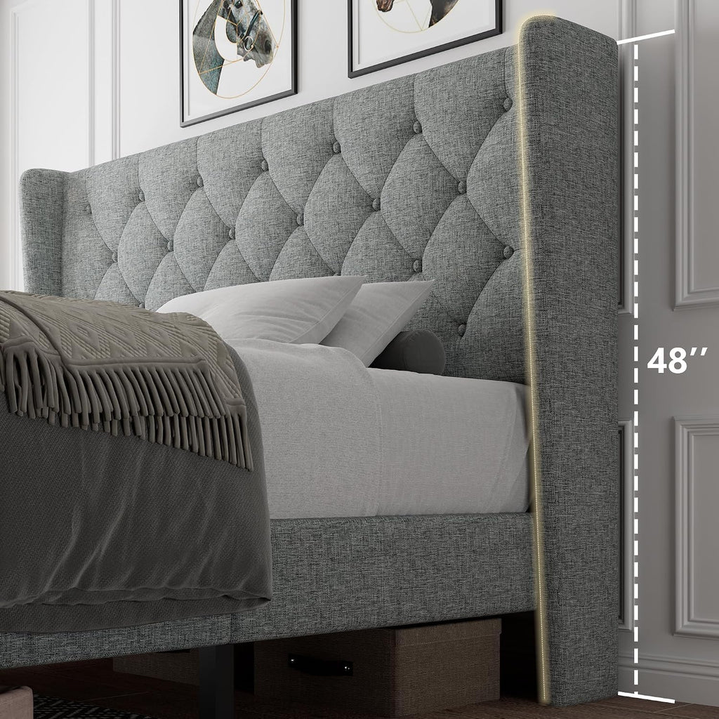 iPormis Queen Size Platform Bed Frame with Button Tufted Headboard, Upholstered Bed Frame with Solid Wooden Slats, 8" Underbed Space, No Box Spring Needed, Noise Free, Easy Assembly, Light Gray