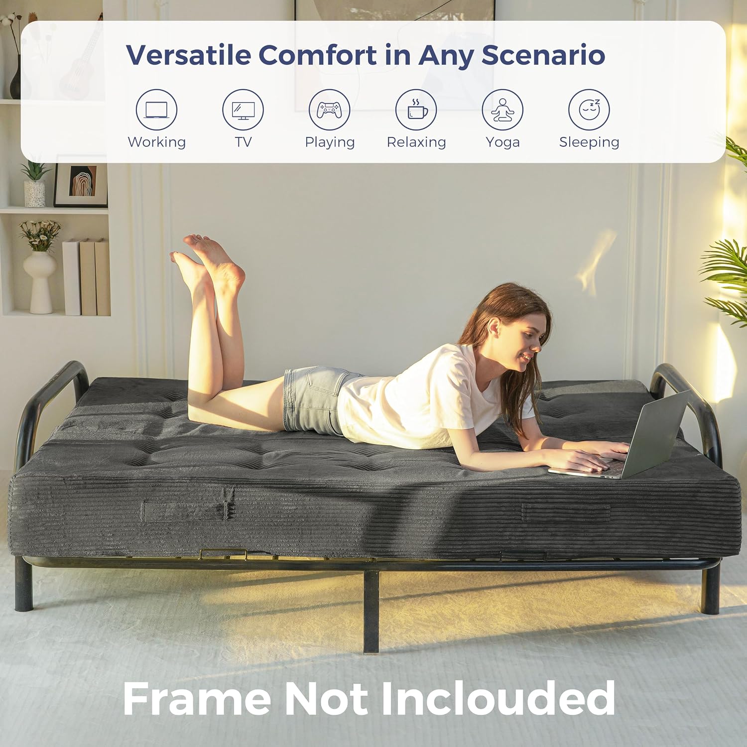 MAXYOYO Foldable Mattress, 8-Inch Tufted Futon Mattress with Handles | Tufted Floor Sofa Bed and Versatile Mattress, Carry Handles for Living Rooms or Guest Rooms, Frame Not Included, Dark Grey