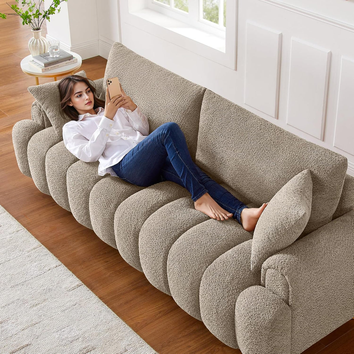 VANOMi Boucle Sofa Couch, 91" Comfy Tufted Upholstered Cloud Couches, Modern 3 Seater Sofa with Pillows, Oversized Deep Seat Sherpa Couch for Living Room, Bedroom, Apartment (Camel Color)