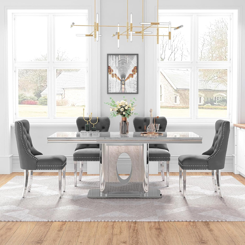 AF ARTISAN FURNITURE 7 Piece White Marble Dining Table, 70'' Rectangle Faux Marble Kitchen Table Set for 6 with Silver Mirrored Finish Stainless Steel Chairs, Luxury Dining Room Table Set for 6