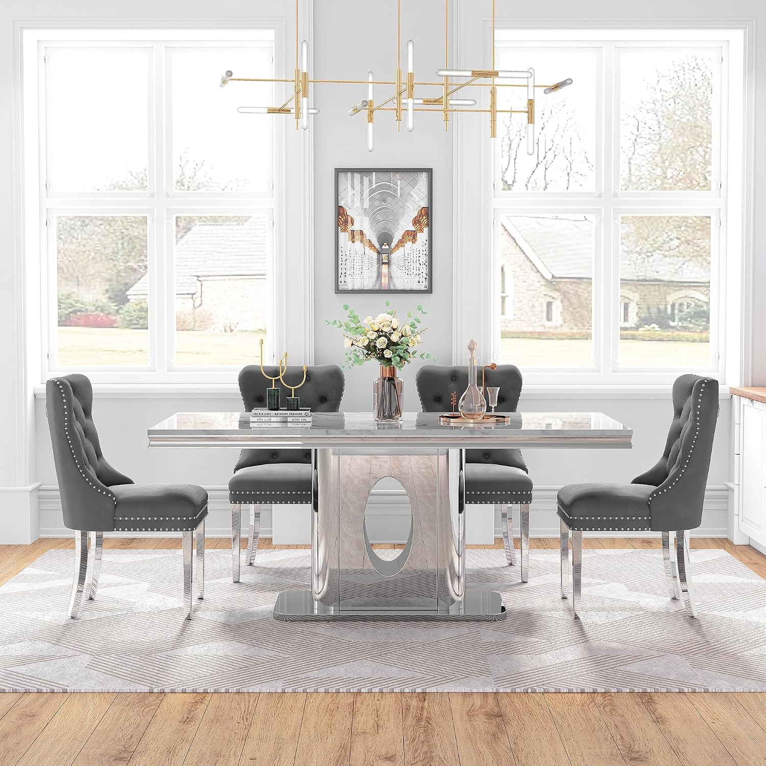 AF ARTISAN FURNITURE 7 Piece White Marble Dining Table, 70'' Rectangle Faux Marble Kitchen Table Set for 6 with Silver Mirrored Finish Stainless Steel Chairs, Luxury Dining Room Table Set for 6
