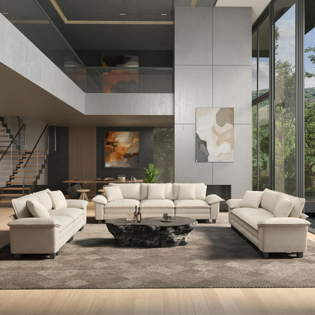 HERA'S HOUSE 3 Pieces Modular Sectional Couch Set with Armchair Loveseat | Modern 6-Seater Cloud Sofa Set , White, Wider Armrest, Comfy Deep Seat, Soft Chenille Furniture Set for Living Room