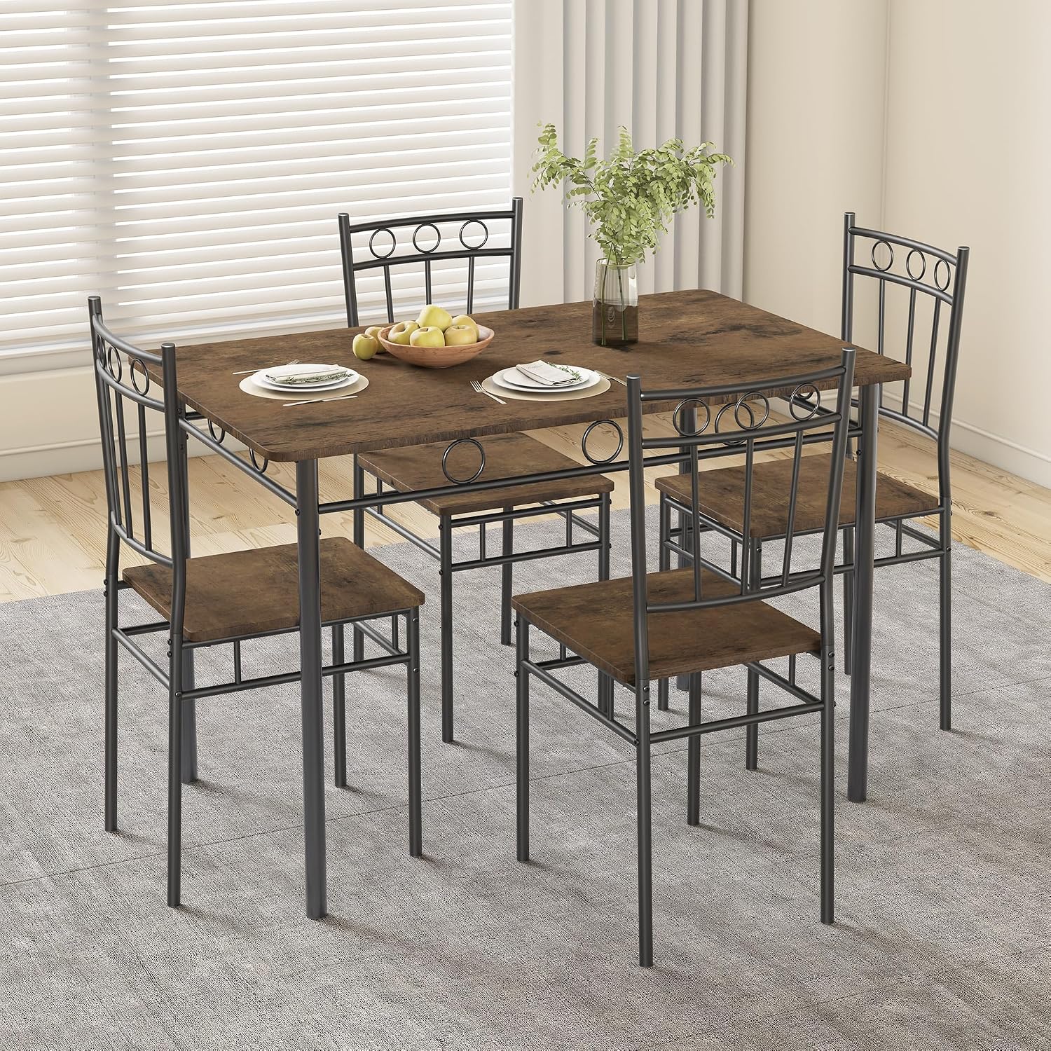 Dining Table Set for 4, 5-Piece Kitchen Table and Chairs, Rectangular Dining Room Table Set with 4 Chairs, Space-Saving Kitchen Table Set for Small Space,Dinette,Apartment,Retro Brown