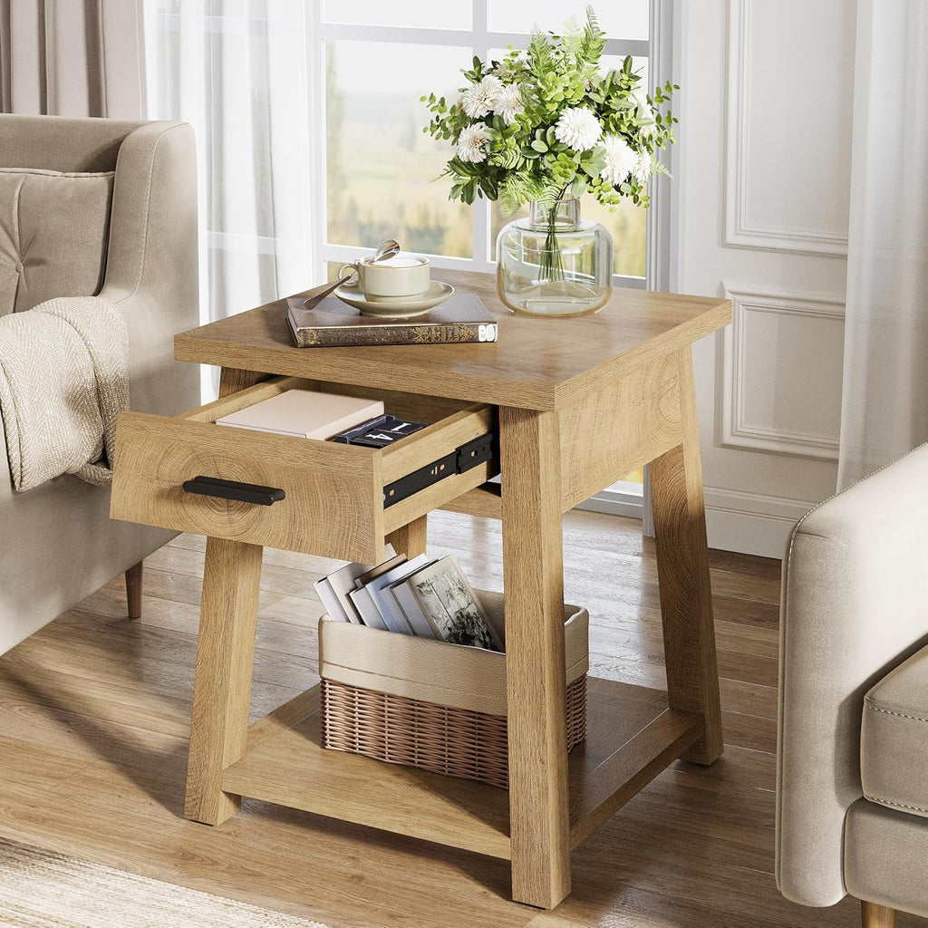 Tribesigns Farmhouse Square Side Table, 2 -Tier Wooden End Table with Drawer, Rustic Nightstands with Shelf Storage for Living Room, Bedroom, Office and Small Spaces