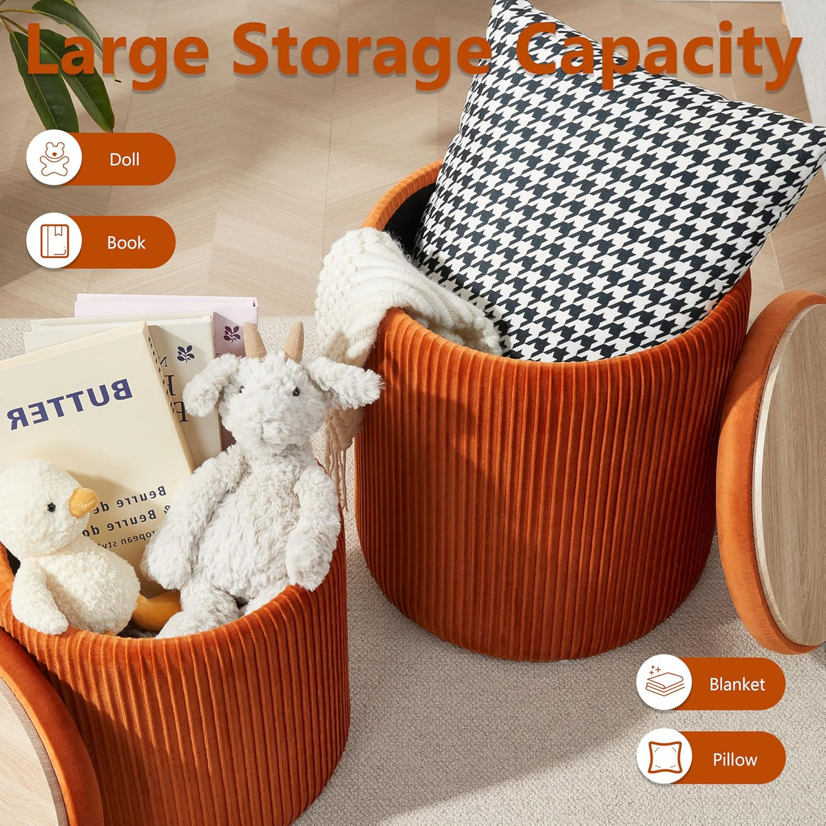 Royal Windsor Round Ottoman with Storage Set of 2, Storage Vanity Stool | Velvet Upholstered Round Storage Ottoman, Ottoman Coffee Table, Small Foot Stool for Living Room & Bedroom, Orange