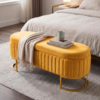 Storage Bench Bedroom Bench, Velvet Oval Upholstered End of Bed Bench with Golden Metal Legs, 46” Modern Storage Ottoman Bench for Bedroom, Living Room, Entryway, Window, Mustard