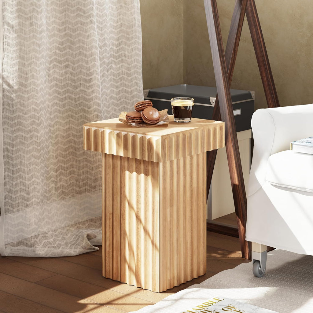 COZAYH Modern Fluted Wood End Table with Natural Oak Finish, Sculptural Accent Side Table with Textured Design, Plant Stand Small Space Furniture for Living Room, Farmhouse