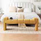 Boucle End of Bed Bench Upholstered Modern Bedroom Bench Channel Tufted Window Bench Comfy Long Ottoman for Living Room/Hallway/Indoor (Mustard, 60" Curved Arm)