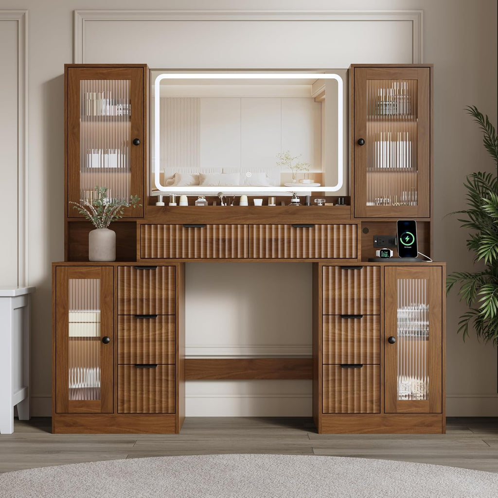55" Vanity Desk with Mirror & Lights, Fluted Makeup Vanity with 8 Drawers & 4 Cabinets, Tempered Glass Top, RGB Cabinet Lighting, 3-Color Dimmable Mirror, and Charging Station