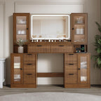 55" Vanity Desk with Mirror & Lights, Fluted Makeup Vanity with 8 Drawers & 4 Cabinets, Tempered Glass Top, RGB Cabinet Lighting, 3-Color Dimmable Mirror, and Charging Station