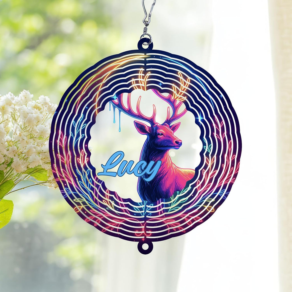 Personalized Deer Wind Spinner 3D Stainless Steel, Deer Garden Spinner Hanging Outdoor Decor, Wind Spinners Outdoor, Custom Gift for Grandmother, Mom, Wife
