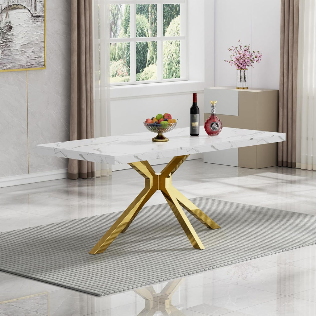70 inch Faux Marble Dining Table for 4-6, Modern Kitchen Table with White Faux Marble Tabletop, Gold Stainless Steel X Base, Rectangular Dining Room Table for Dinner, Party, Meeting, Celebration