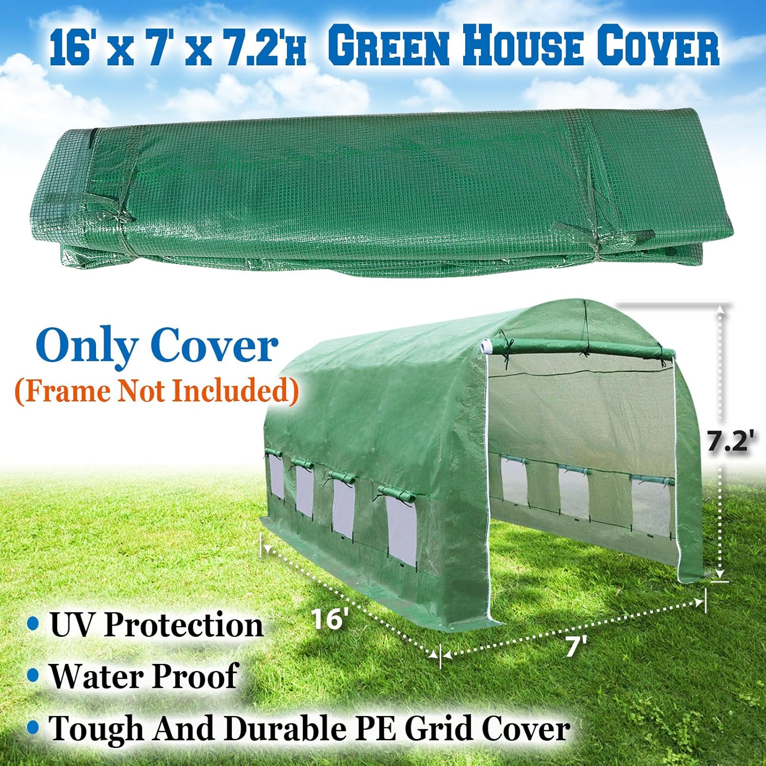 Strong Camel Greenhouse Replacement Covering for Outdoor Larger Hot Garden House, Support Arch Frame Climbing Plants/Flowers/Vegetables (16' X 7' X 7', Cover)