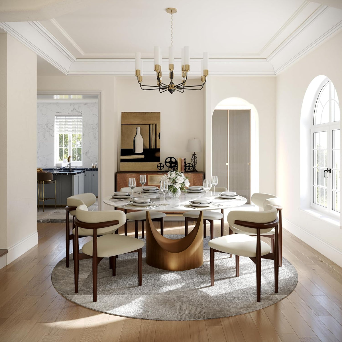 POVISON 59" Round Dining Table for 6, Glossy White Sintered Stone Tabletop | Sintered Stone Dining Tabletop, Carbon Steel Base, Mid Century Kitchen Table for Dining Room, Luxury Dining Table（Table only）