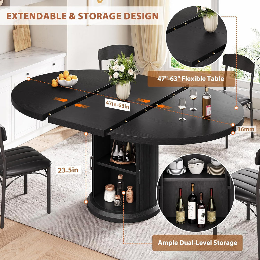 Jocoevol Extendable Round Kitchen Dining Room Table for 4-6 with 2-Tier Storage Shelf, 63'' Space Saving Expandable Wood Oval Circle Dinner Furniture with Pedestal Base(Black)