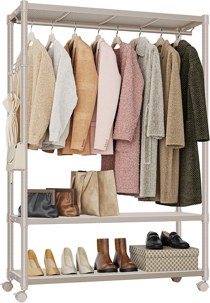 IZEUK Heavy Duty Rolling Clothing Rack with Clothes Hanging Rod, 3-Tier Adjustable Metal Wardrobe Closet Organizer with Side Hooks, Garment Rack on Wheels, 45.3" W x 17.7" D x 70.3" H, Gold