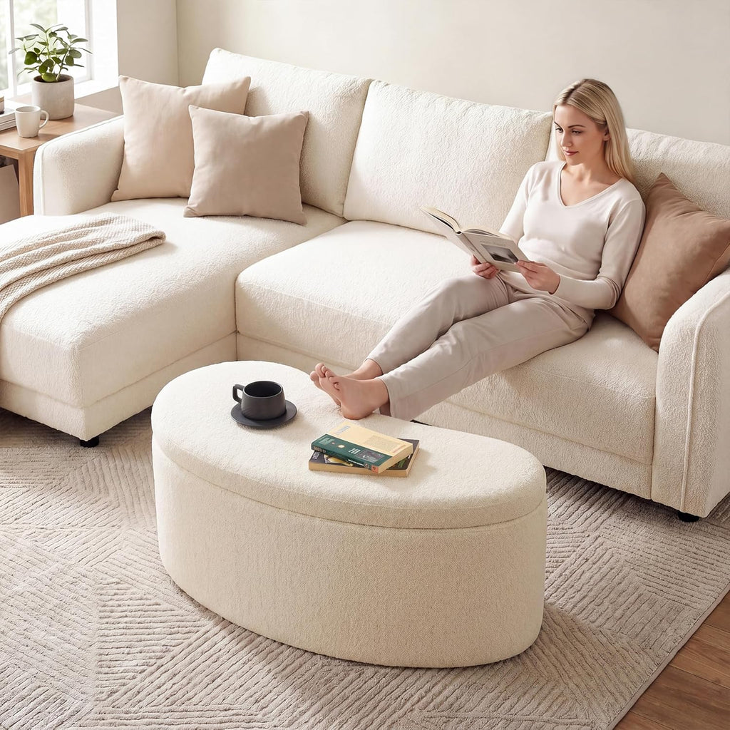 Zesthouse Storage Bench for Bedroom End of Bed, 39.4" Small Curved Entryway Ottoman Bench, Beige Linen Fabric Bench Seat for Living Room Hall Mudroom, Modern Upholstered Coffee Table Crescent Shape