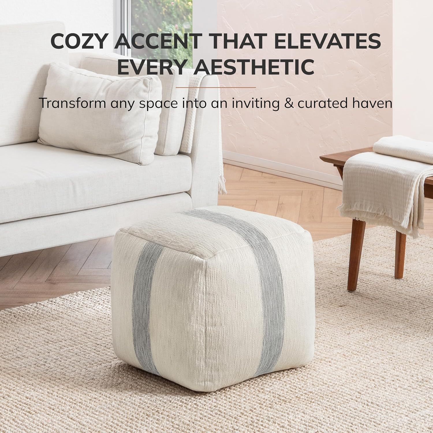 Anji Mountain Artisan Crafted Cotton Blend Pouf Ottoman | Versatile Floor Seating & Footstool for Living Room | Modern Boho Home Décor Accent | Filled Pouffe | Soft & Fluffy Ottoman Pouf, Lightweight, Decorative Floor Pouf Seating for Bedroom & Home