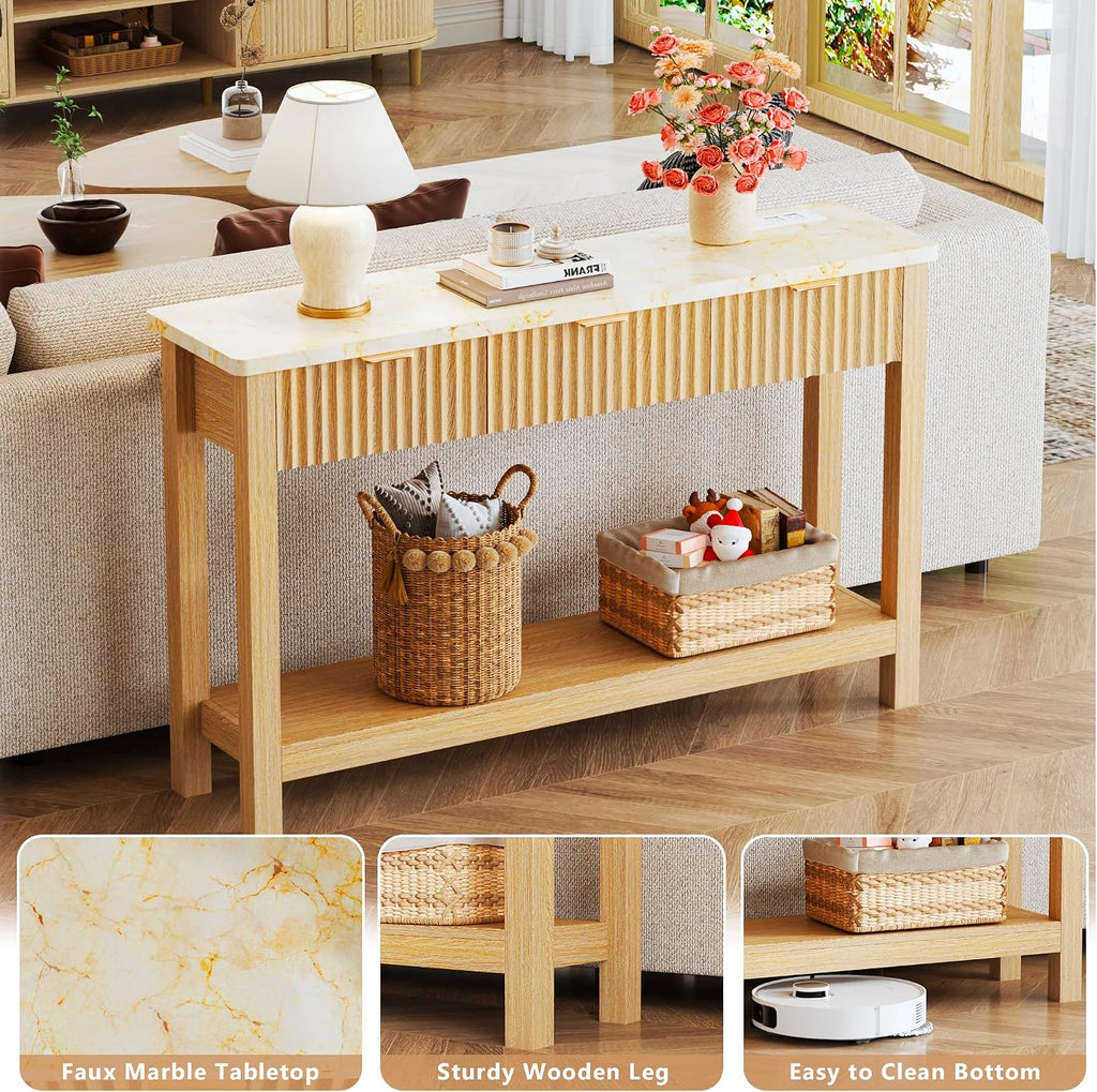 HUAHUU 47.2" Fluted Console Table with 3 Drawers, Long Sofa Table with Storage Behind Couch, Modern Entryway Table with Power Outlet & Open Storage for Entrance/Hallway/Foyer/Living Room, Oak