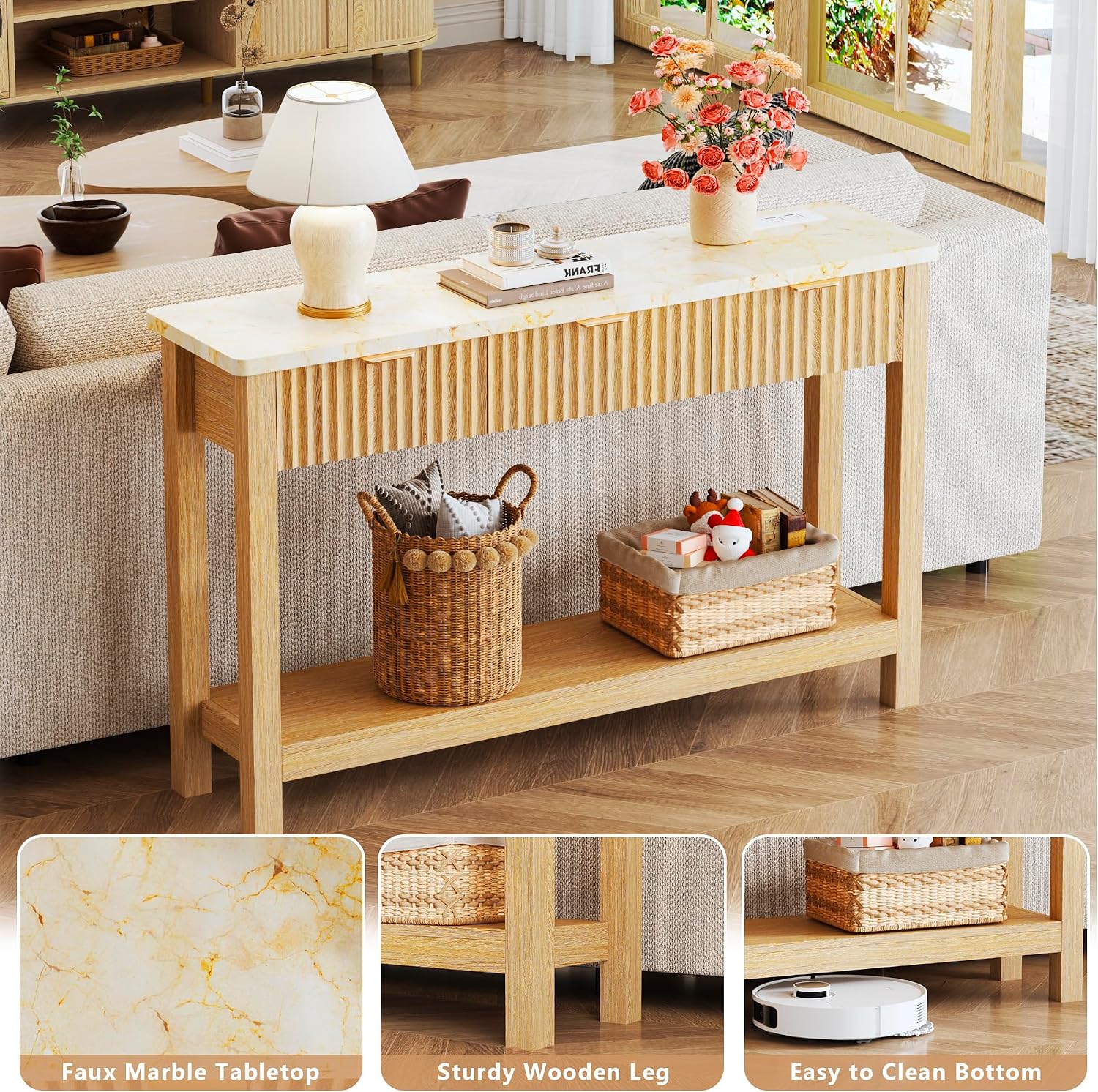 HUAHUU 47.2" Fluted Console Table with 3 Drawers, Long Sofa Table with Storage Behind Couch, Modern Entryway Table with Power Outlet & Open Storage for Entrance/Hallway/Foyer/Living Room, Oak