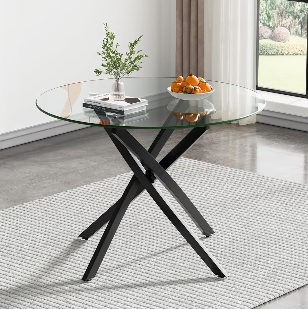 Modern Glass Dining Table Round Dining Room Table with Tempered Glass Top, Black Metal Legs Circle Kitchen Dining Room Table Home Furniture, 36" D x 36" W x 30" H