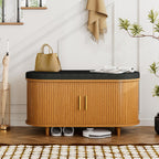 DHH 2-Tier Storage Bench,Wide Shoe Bench with Thickened Padded Seat Cushion, Mid Century Modern Fluted Sliding Door and Adjustable Shelf, for Entryway, Living Room, Bedroom (Yellow Walnut, 35.4“)