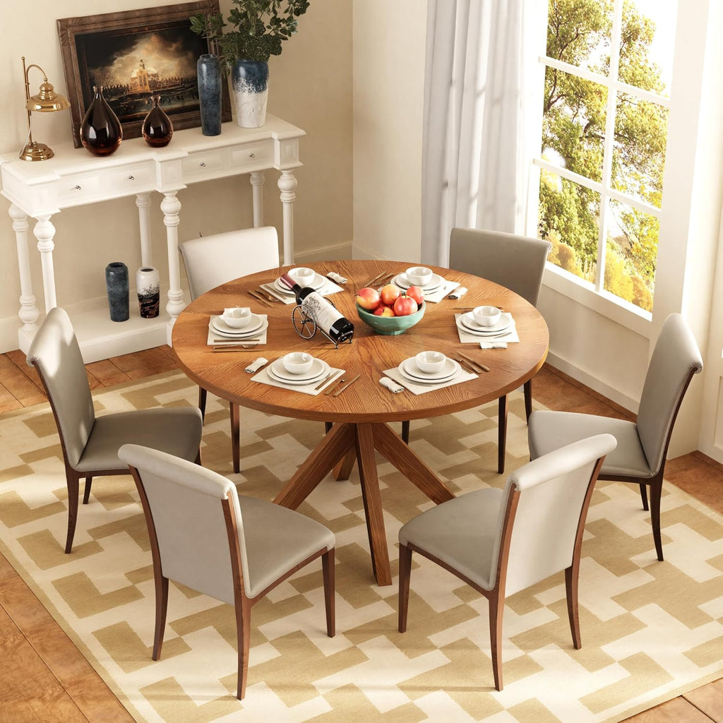 Solid Wood Round Dining Table for 4-6, Wooden Intersecting Pedestal Base, Farmhouse Round Dining Room Table for Home Dining Room, Kitchen, Living Room