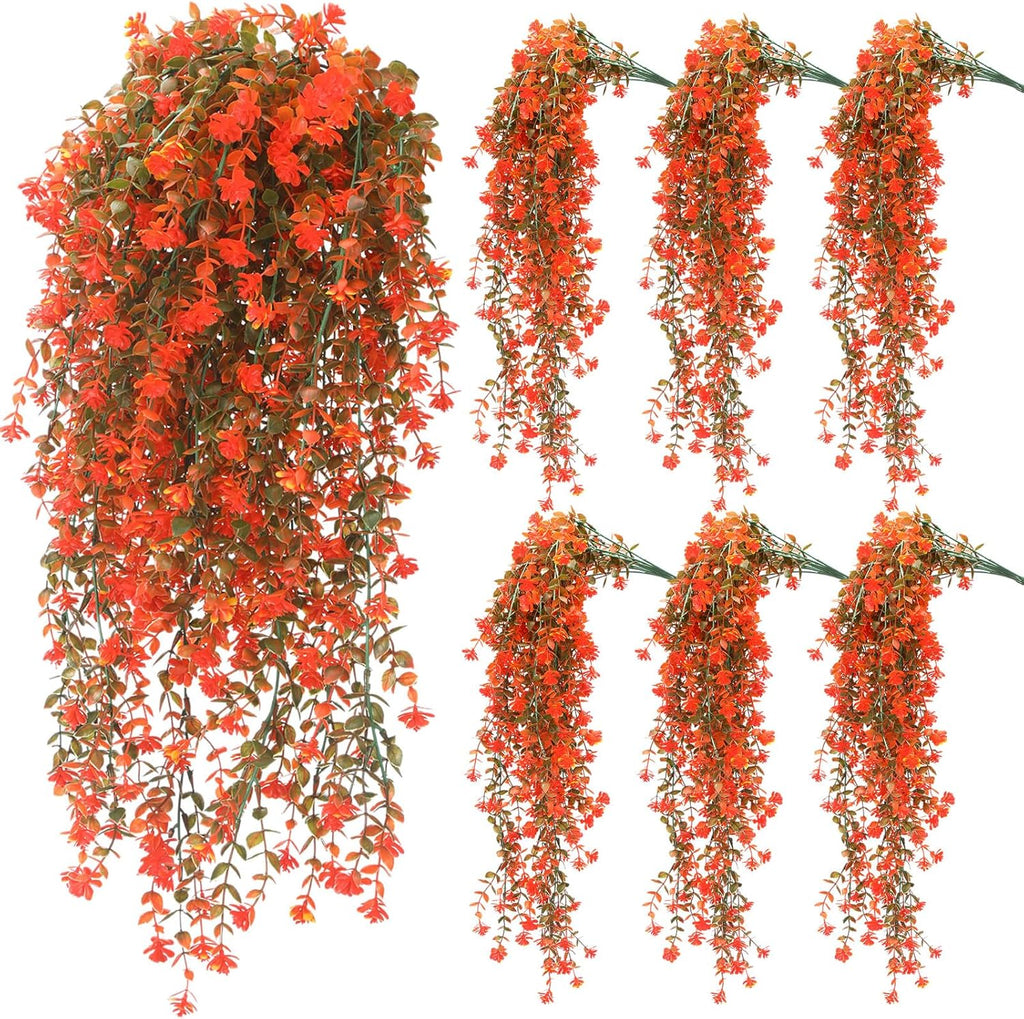 6 Pcs Artificial Fall Hanging Flowers Outdoor Silk Mum Plants Autumn Decor Faux Violet with Eucalyptus Realistic UV Resistant Trailing Vine Thanksgiving Porch Yard(Fresh Color,Plastic Style)