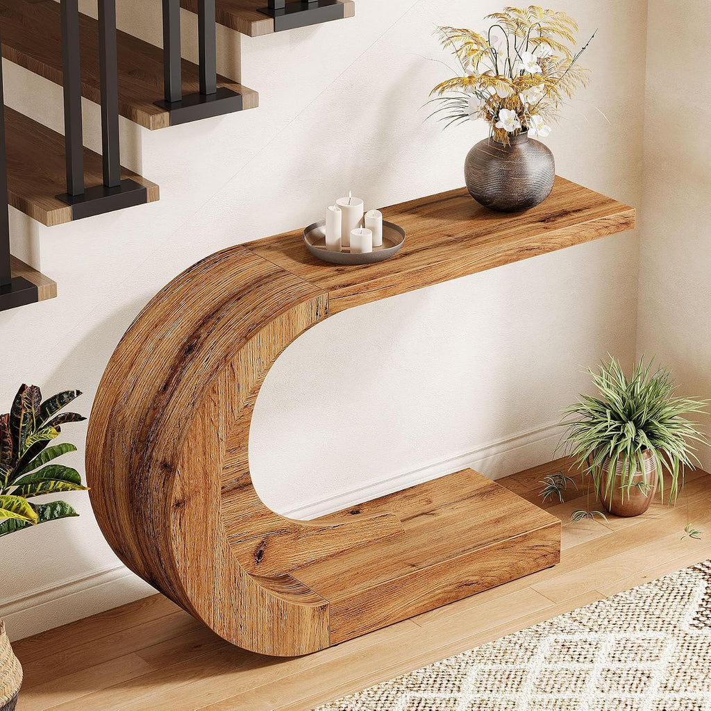 Tribesigns 43.3" Mid-Century Modern Console Table for Entryway, Wood C-Shaped Hallway Entry Accent Table for Living Room, Entrance, Foyer, Easy Assembly, Natural Brown