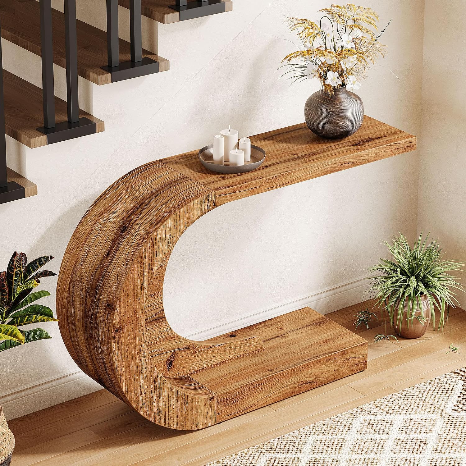 Tribesigns 43.3" Mid-Century Modern Console Table for Entryway, Wood C-Shaped Hallway Entry Accent Table for Living Room, Entrance, Foyer, Easy Assembly, Natural Brown
