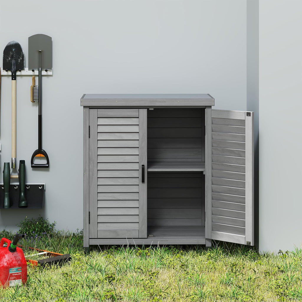 32" Solid Wood Storage Cabinet, Sideboard Cabinets with Metal Table Top, Living Room Organizer with Louvered Ventilation for Outdoor Patios, Grey