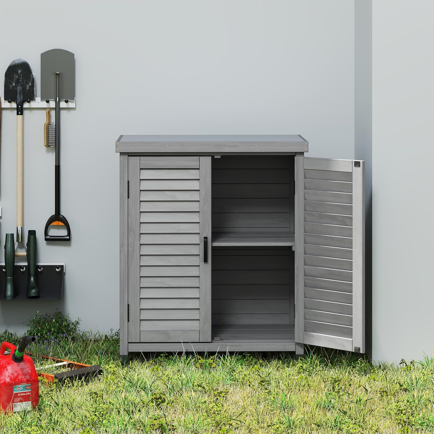 32" Solid Wood Storage Cabinet, Sideboard Cabinets with Metal Table Top, Living Room Organizer with Louvered Ventilation for Outdoor Patios, Grey