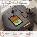 MECHYIN Fluted Nightstand with Charging Station Large 23.6" Round Bedside Table,Black