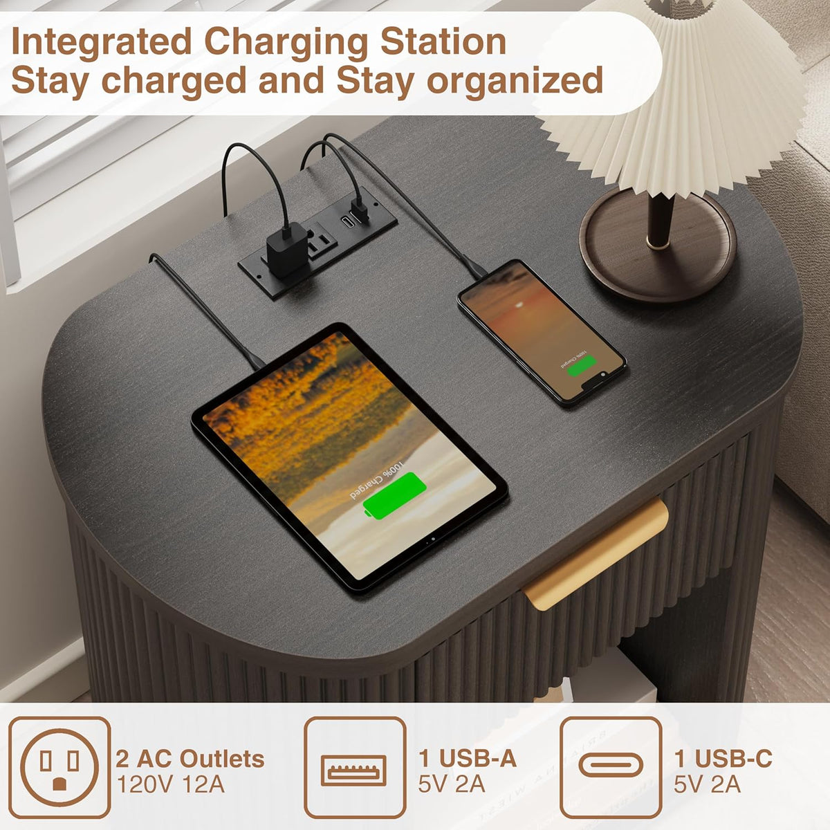 MECHYIN Fluted Nightstand with Charging Station Large 23.6" Round Bedside Table,Black