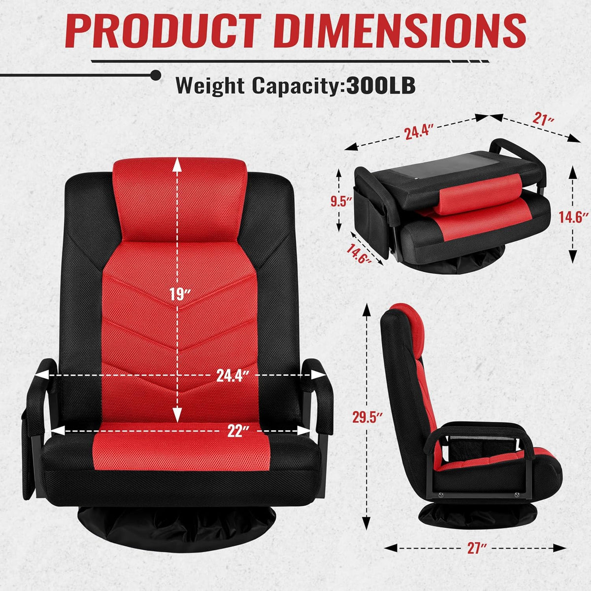Yaheetech Floor Gaming Chair High-Back Swivel Adjustable Folding Seat Red | Foam-padded polyester mesh seat on an iron frame swivels 360°, reclines for gaming or TV, and folds flat for easy storage.