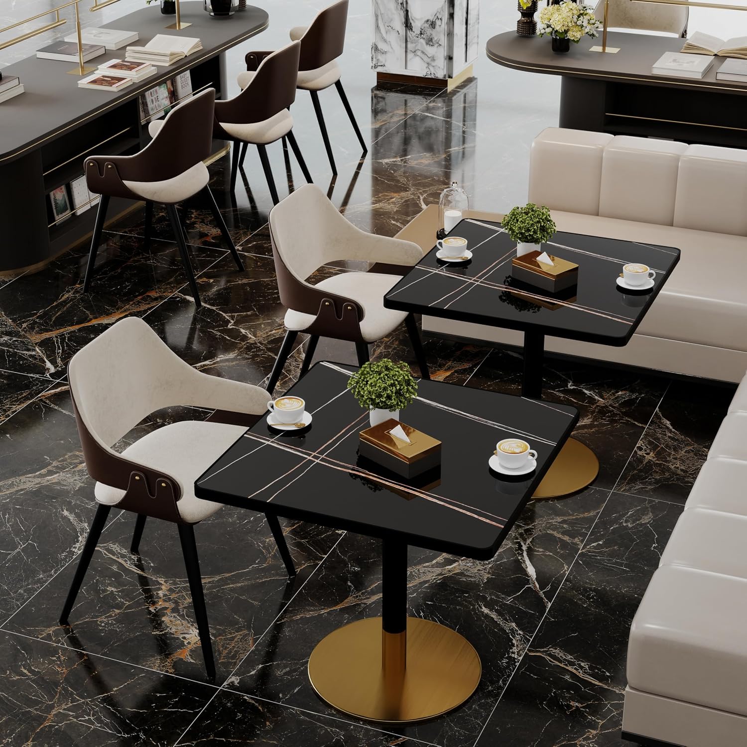 Henf 31.5'' Square Dining Tulip Table for 2 4, Modern Black Faux Marble Bistro Table with Sintered Stone Tabletop, Small Black Gold Metal Edge & Base Tulip Tables for Dining Room, Cafe, Apartment