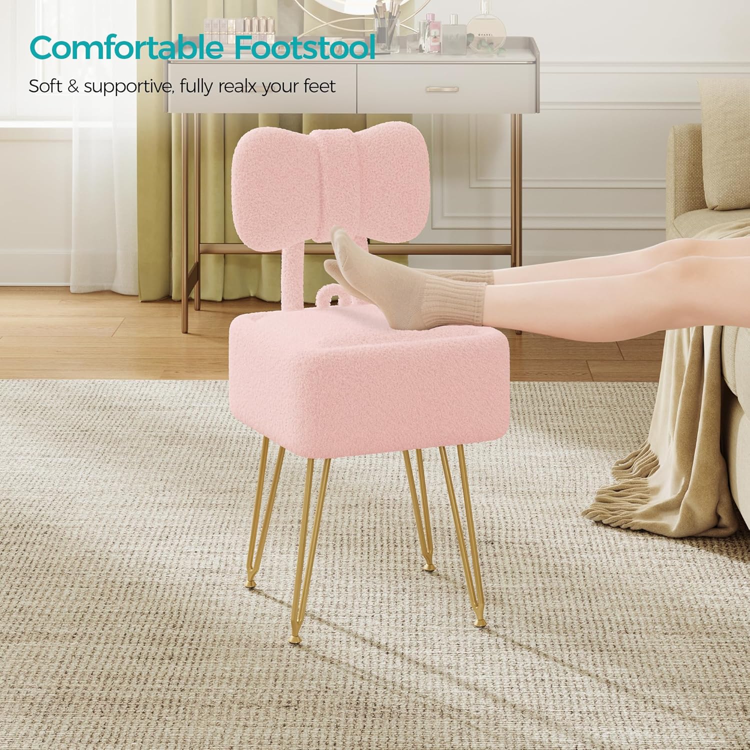 Small Vanity Stool Chair with Storage and Foldable Back, Pink | Soft Storage Ottoman, Footrest Stool, Teddy Fleece Vanity Stool for Makeup, Bedroom, Living Room