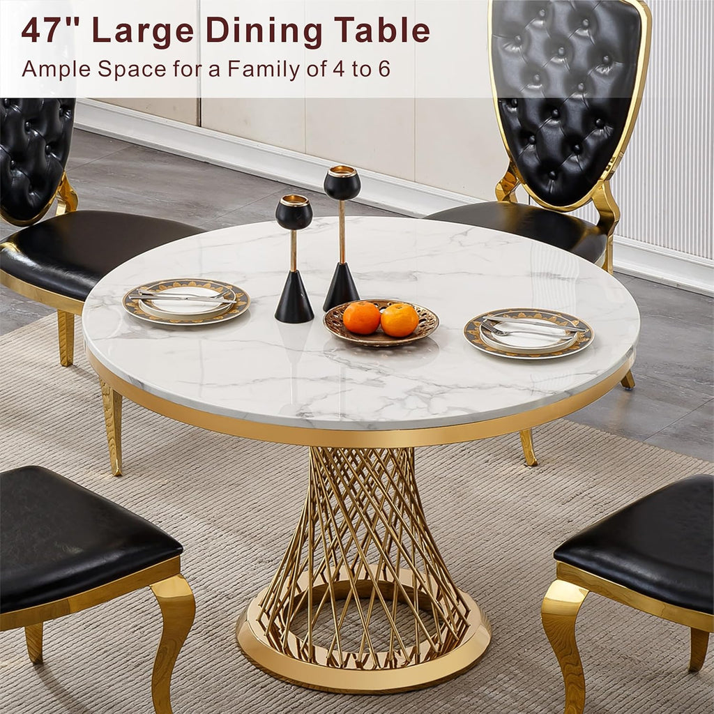 GlyphForm 47" Round Faux Marble Dining Table for 4 to 6, Luxury Modern White Kitchen Table with Gold Stainless Steel Spiral Base Frame, easy to clean Heavy Duty Dining Room Table for Home Office, MDF